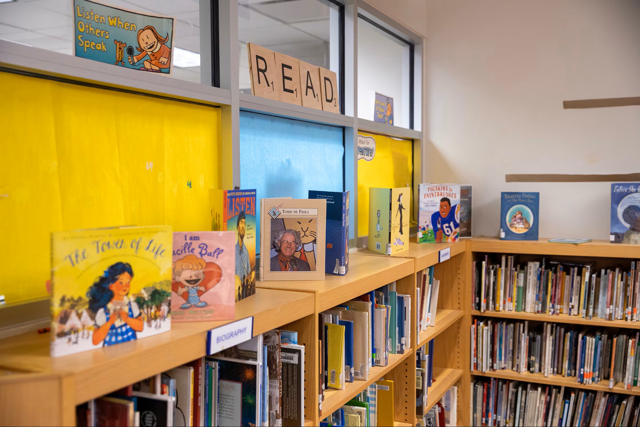 library books on shelves